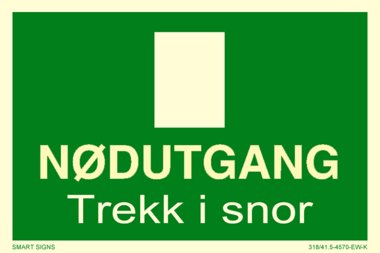 Etterlysende skilt med tekst nødutgang trekk i snor og bilde av nødutgang
