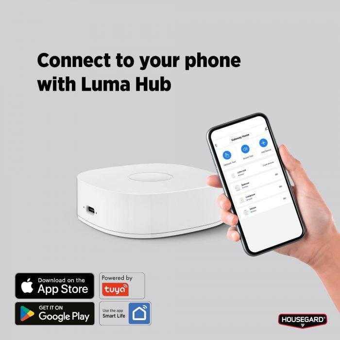 Housegard CO-varsler kan kobles til Luma HUB, så har du alltid oversikt over varslerene via din smart telefon.